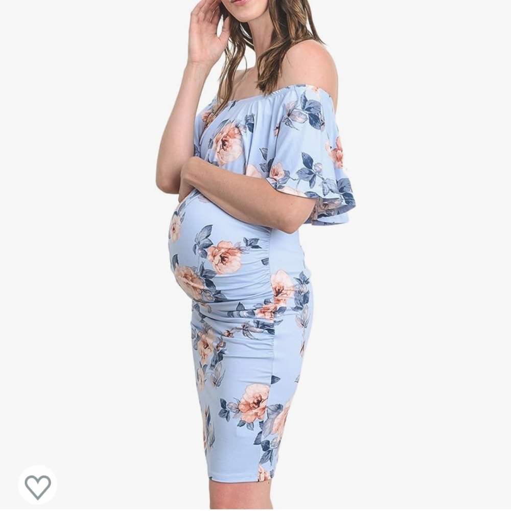 Blue Floral Off Shoulder Maternity Dress - Picture 2 of 6